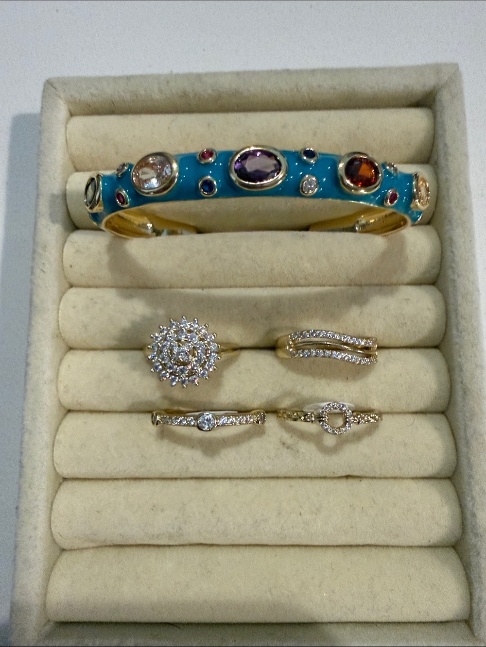 Turquoise Enamel Multi-Gemstone Gold Bangle - Women Jewelry
